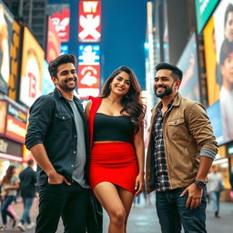 A vibrant scene set in Times Square, featuring Kriti Sanon dressed in a striking red mini skirt paired with a stylish black crop top