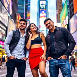 A vibrant scene set in Times Square, featuring Kriti Sanon dressed in a striking red mini skirt paired with a stylish black crop top