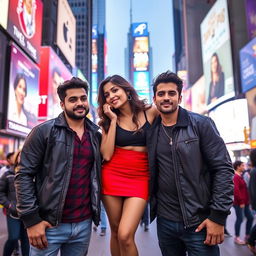 A vibrant scene set in Times Square, featuring Kriti Sanon dressed in a striking red mini skirt paired with a stylish black crop top