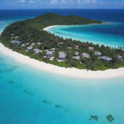 A large, tropical island populated densely with traditional-style homes, equipped with diverse flora, white sandy beaches, and surrounded by crystal clear turquoise water