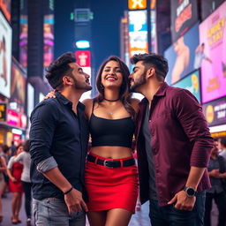 A lively scene set in Times Square, featuring Kriti Sanon wearing a bold red mini skirt and a chic black crop top that showcases her navel