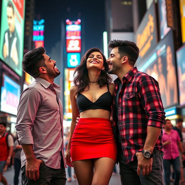 A lively scene set in Times Square, featuring Kriti Sanon wearing a bold red mini skirt and a chic black crop top that showcases her navel