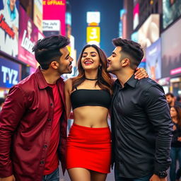 A lively scene set in Times Square, featuring Kriti Sanon wearing a bold red mini skirt and a chic black crop top that showcases her navel