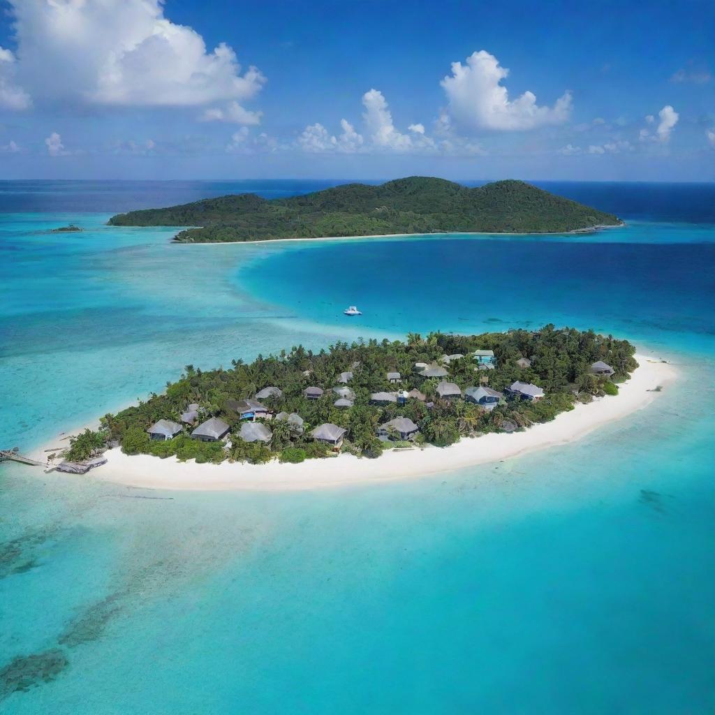 A large, tropical island populated densely with traditional-style homes, equipped with diverse flora, white sandy beaches, and surrounded by crystal clear turquoise water