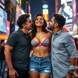 A lively and playful scene set in Times Square, featuring Kriti Sanon wearing stylish denim shorts and a chic bikini top that highlights her navel