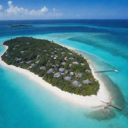 A large, tropical island populated densely with traditional-style homes, equipped with diverse flora, white sandy beaches, and surrounded by crystal clear turquoise water