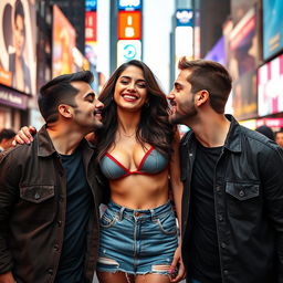 A lively and playful scene set in Times Square, featuring Kriti Sanon wearing stylish denim shorts and a chic bikini top that highlights her navel