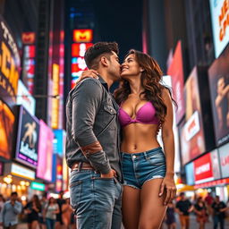 A captivating scene in Times Square featuring Kriti Sanon wearing stylish denim shorts and a chic bikini top that showcases her navel