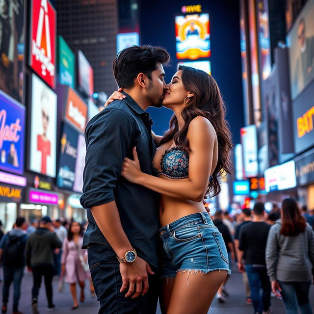 A captivating scene in Times Square featuring Kriti Sanon wearing stylish denim shorts and a chic bikini top that showcases her navel