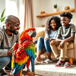 A cheerful family scene in a welcoming living room featuring a young black bald dad, a stylish black mom, their black teen daughter, and their black preteen son