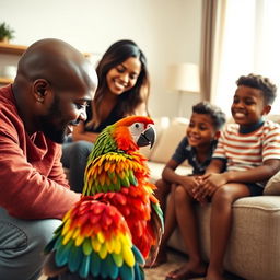 A cheerful family scene in a welcoming living room featuring a young black bald dad, a stylish black mom, their black teen daughter, and their black preteen son