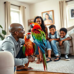 A cheerful family scene in a welcoming living room featuring a young black bald dad, a stylish black mom, their black teen daughter, and their black preteen son