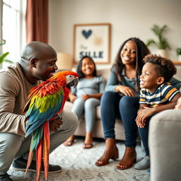 A cheerful family scene in a welcoming living room featuring a young black bald dad, a stylish black mom, their black teen daughter, and their black preteen son