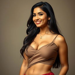 A realistic portrait of an Indian woman showcasing her natural beauty, dressed in a stylish outfit that highlights her figure, particularly emphasizing her cleavage and thick thighs