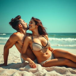 A romantic beach scene featuring Kriti Sanon in a stylish bikini, sunbathing on the sand
