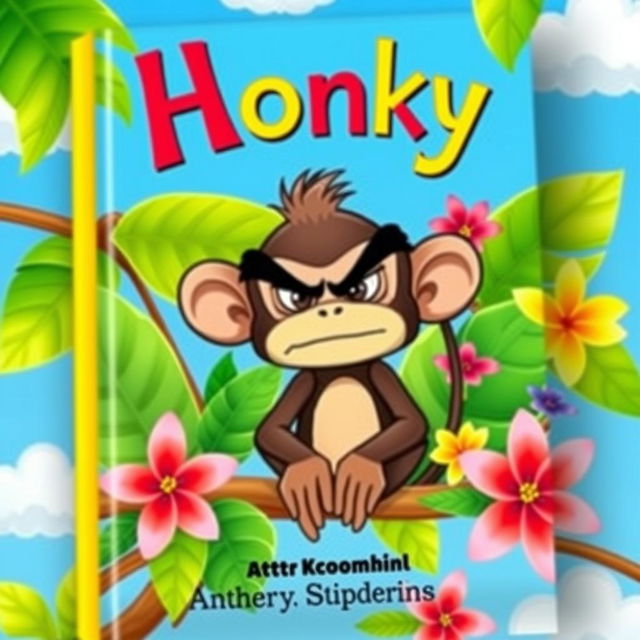 A colorful and playful book cover featuring a grumpy-looking cartoon monkey with oversized eyebrows and a frown