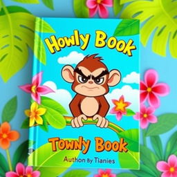 A colorful and playful book cover featuring a grumpy-looking cartoon monkey with oversized eyebrows and a frown