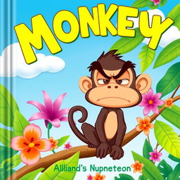 A colorful and playful book cover featuring a grumpy-looking cartoon monkey with oversized eyebrows and a frown