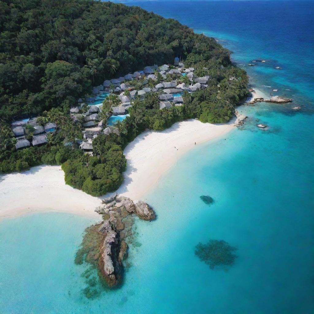 A large, tropical island, densely populated with traditional-style homes, enclosed within a 50-meter tall fortified wall. The island is filled with diverse flora, white sandy beaches and surrounded by crystal clear turquoise water