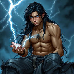 A young human character from Dungeons & Dragons with long black hair and piercing cold white eyes, exuding an edgy and handsome vibe