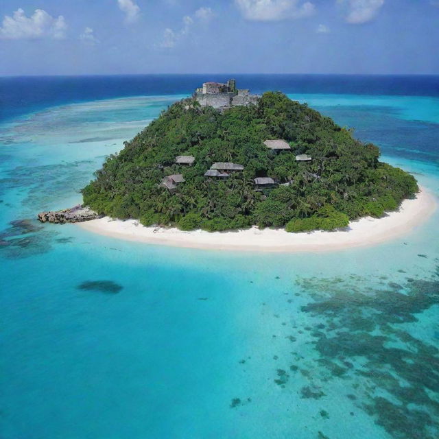 A large, tropical island, densely populated with traditional-style homes, enclosed within a 50-meter tall fortified wall. The island is filled with diverse flora, white sandy beaches and surrounded by crystal clear turquoise water