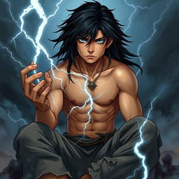 A young human character from Dungeons & Dragons with long black hair and piercing cold white eyes, exuding an edgy and handsome vibe