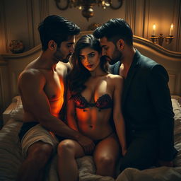 An artistic and sensual portrayal of Kriti Sanon in an intimate bedroom scene, where she is the focal point surrounded by two men