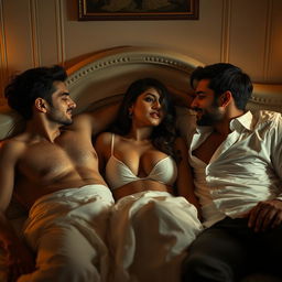 An artistic and sensual portrayal of Kriti Sanon in an intimate bedroom scene, where she is the focal point surrounded by two men