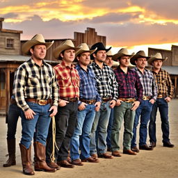 Ten cowboys standing side by side, all wearing the same cowboy hats and boots