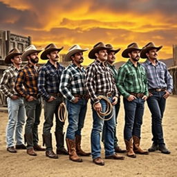 Ten cowboys standing side by side, all wearing the same cowboy hats and boots