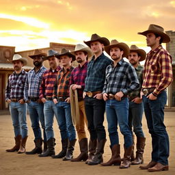 Ten cowboys standing side by side, all wearing the same cowboy hats and boots