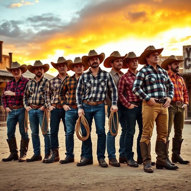 Ten cowboys standing side by side, all wearing the same cowboy hats and boots