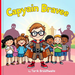 A colorful and engaging children's book cover featuring a nerdy kid with thick glasses and a bright smile, standing confidently in a heroic pose