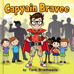 A colorful and engaging children's book cover featuring a nerdy kid with thick glasses and a bright smile, standing confidently in a heroic pose