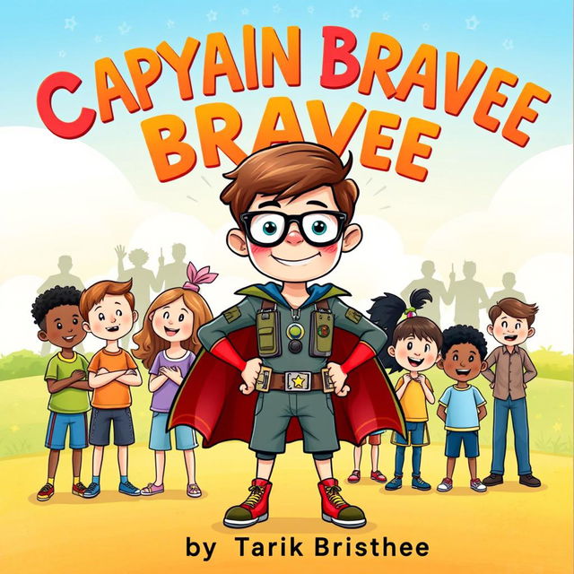 A colorful and engaging children's book cover featuring a nerdy kid with thick glasses and a bright smile, standing confidently in a heroic pose