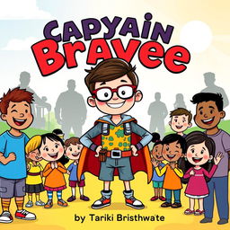 A colorful and engaging children's book cover featuring a nerdy kid with thick glasses and a bright smile, standing confidently in a heroic pose