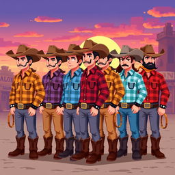 Ten 2D pixel art cowboys standing in a line, all wearing matching cowboy hats and boots