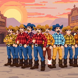 Ten 2D pixel art cowboys standing in a line, all wearing matching cowboy hats and boots