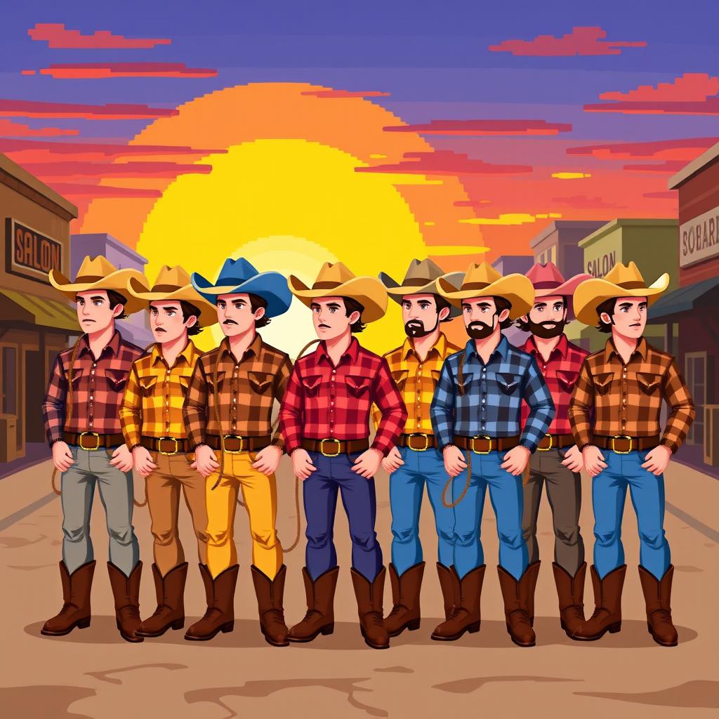 Ten 2D pixel art cowboys standing in a line, all wearing matching cowboy hats and boots