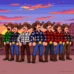 Ten 2D pixel art cowboys standing in a line, all wearing matching cowboy hats and boots