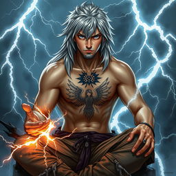 A young human character from Dungeons & Dragons with long silver hair and piercing cold white eyes, embodying an edgy and handsome appearance