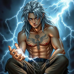 A young human character from Dungeons & Dragons with long silver hair and piercing cold white eyes, embodying an edgy and handsome appearance