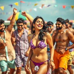 An artistic and playful scene featuring Kriti Sanon in a stylish bikini at a lively beach gathering