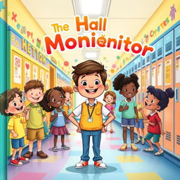 A whimsical book cover illustration for a children's book titled "The Hall Monitor"