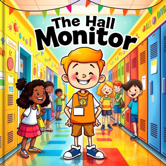 A whimsical book cover illustration for a children's book titled "The Hall Monitor"