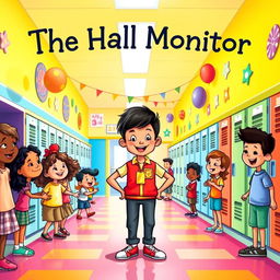 A whimsical book cover illustration for a children's book titled "The Hall Monitor"