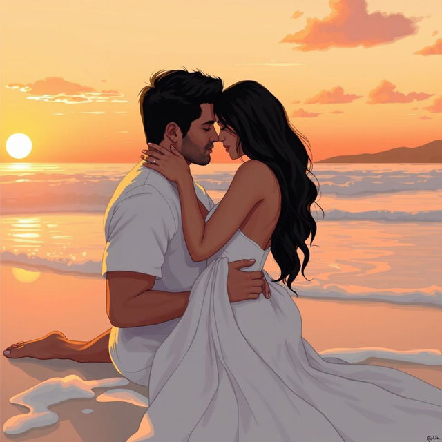 A sensual and intimate beach scene featuring Neha Sharma, illustrated in a romantic yet artistic style