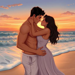 A sensual and intimate beach scene featuring Neha Sharma, illustrated in a romantic yet artistic style