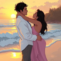 A sensual and intimate beach scene featuring Neha Sharma, illustrated in a romantic yet artistic style