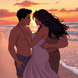 A sensual and intimate beach scene featuring Neha Sharma, illustrated in a romantic yet artistic style